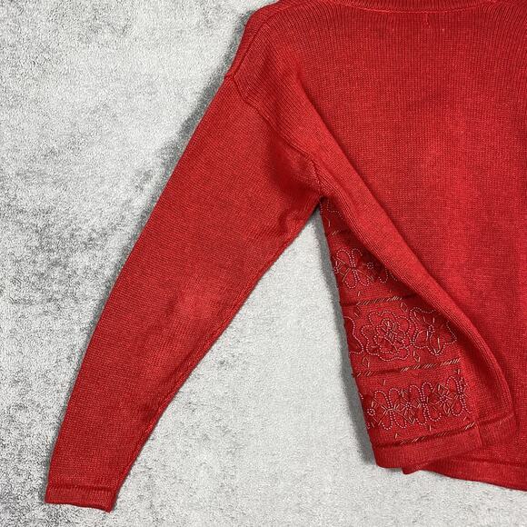 XXIst Cardigan Sweater Womens Small Red Beaded Floral Button Front Knit - Picture 8 of 16